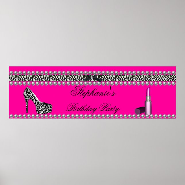 Banner Födelsedag Het Rosa Läppstift Zebra Leopard Poster (Framsidan)