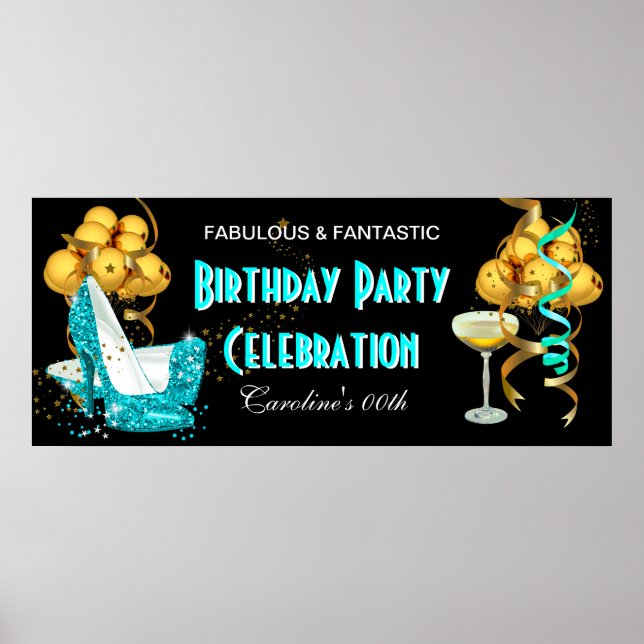 Banner Födelsedagsfest Firande Teal Blue Guld Poster (Framsidan)