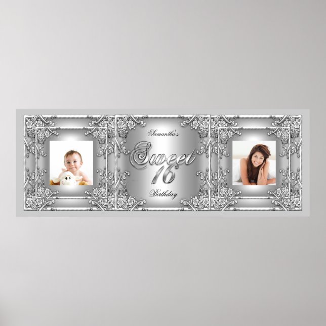 Banner Photo Sweet 16 Party Silver Blommigt Poster (Framsidan)
