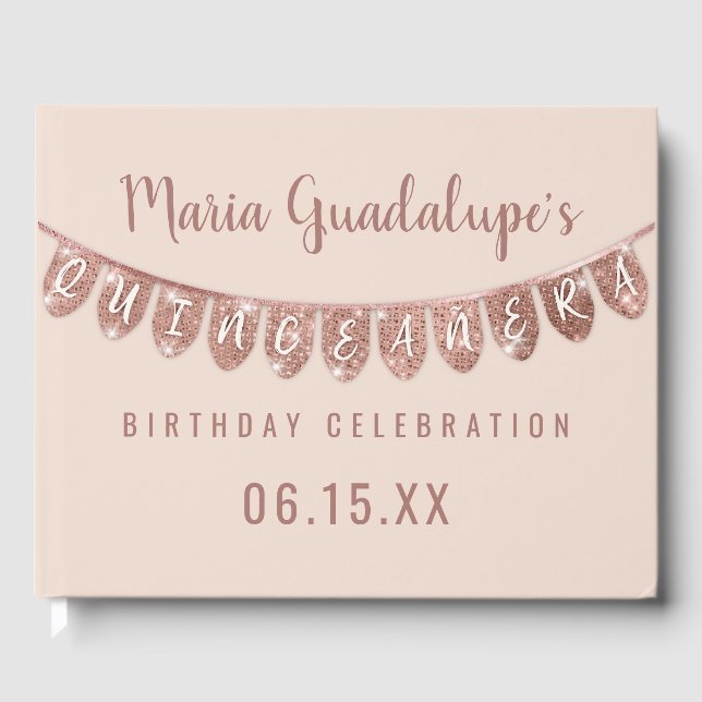 Banner Quinceañera elegant Rosa ros Guld Gästböcker (Framsida)