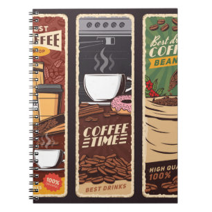 Bannrar för vintage av kaffeprodukter, vintagar fö anteckningsbok
