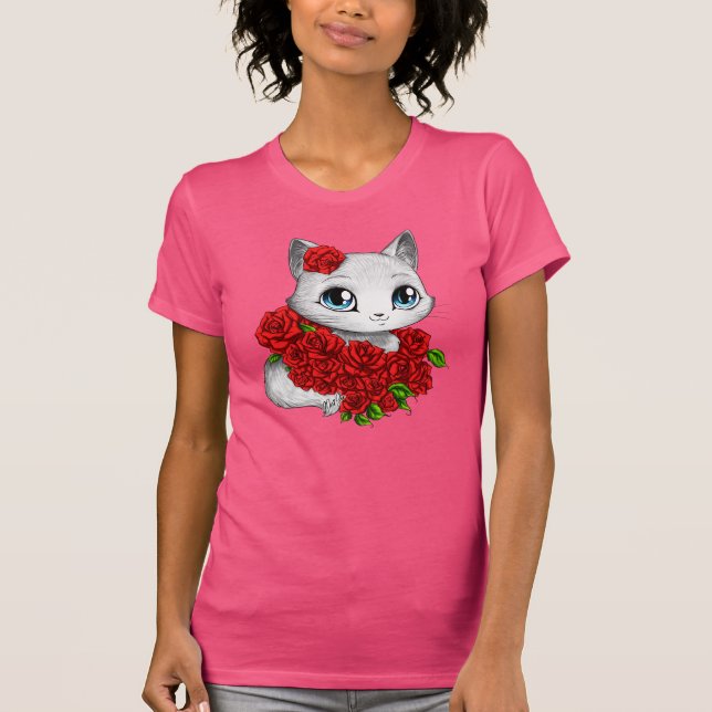 Bantar rosa kattrosor för romantiker den färdiga tee shirt (Framsida)