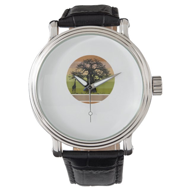Baobab Träd och Giraffe Retro African Sunset Armbandsur (Framsida)