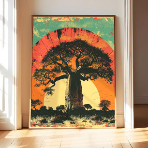 Baobabträd Poster Arttryck, Vintage Retro Landmärk