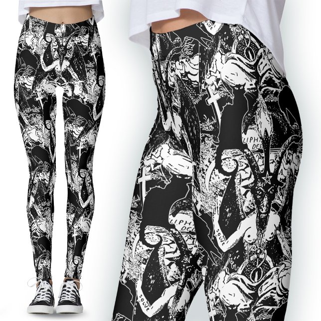 Baphomet Satanic Black and White Gothic Djävulen Leggings (Skapare uppladdad)
