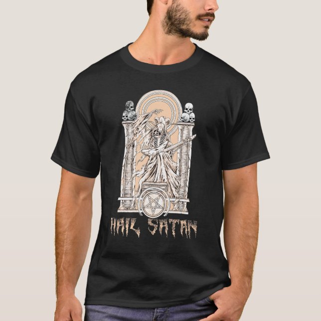 Baphomet spelar elektrisk gitarr Hail Satan Djävul T Shirt (Framsida)