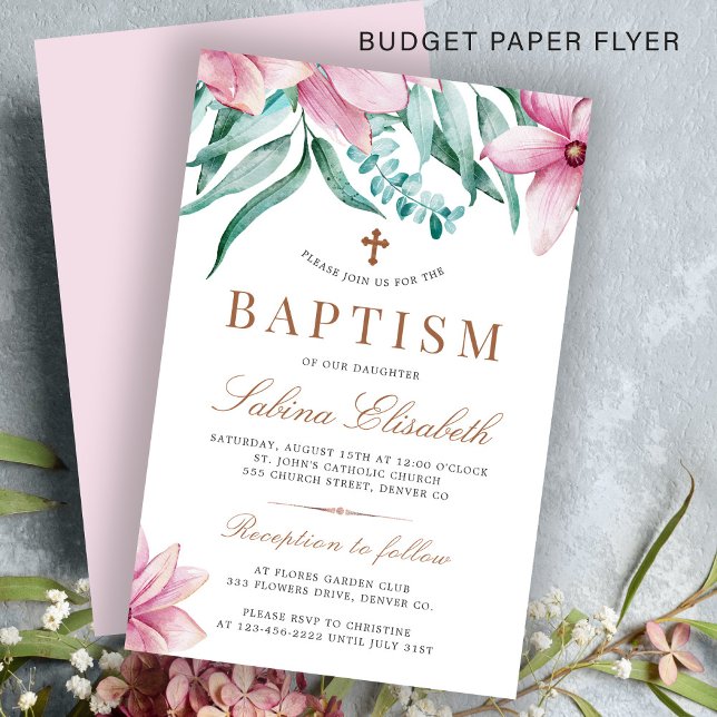 Baptiseringsinbjudan till elegant för rosa av blom flygblad (Skapare uppladdad)