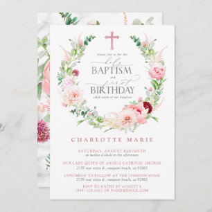 Baptism 1:a födelsedag Rosa Blommigt Marble Kor Gi Inbjudningar