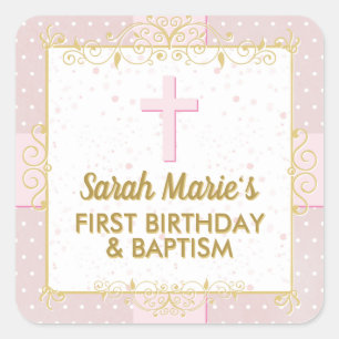Baptism 1:a födelsedag Rosa Guld Text Polka Punkt Fyrkantigt Klistermärke