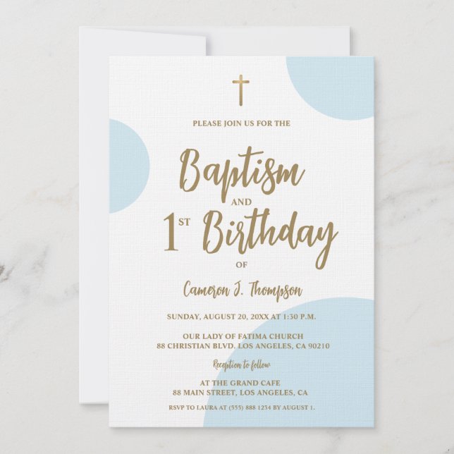 Baptism and First Birthday with Cross Blue Gold Inbjudningar (Framsida)