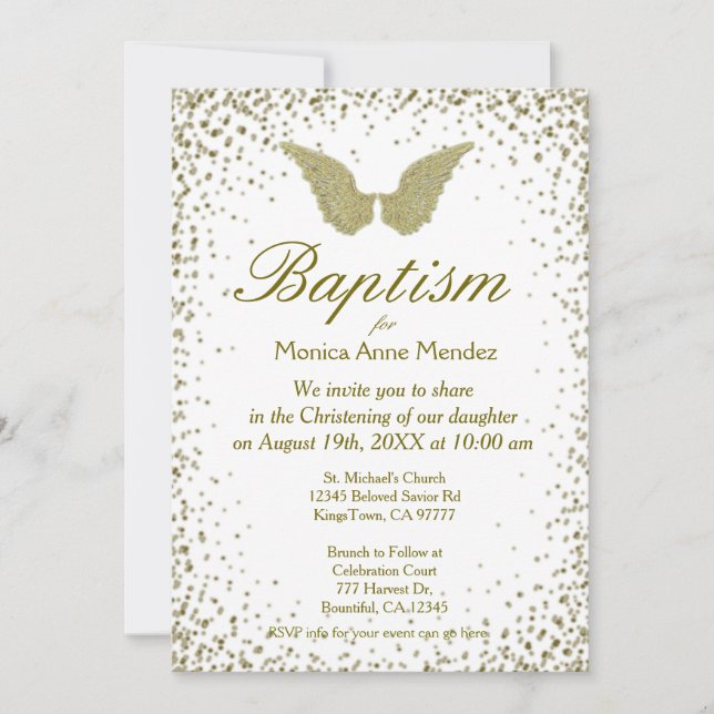 Baptism | Angel Vingar & Guld Confetti Inbjudningar (Framsida)