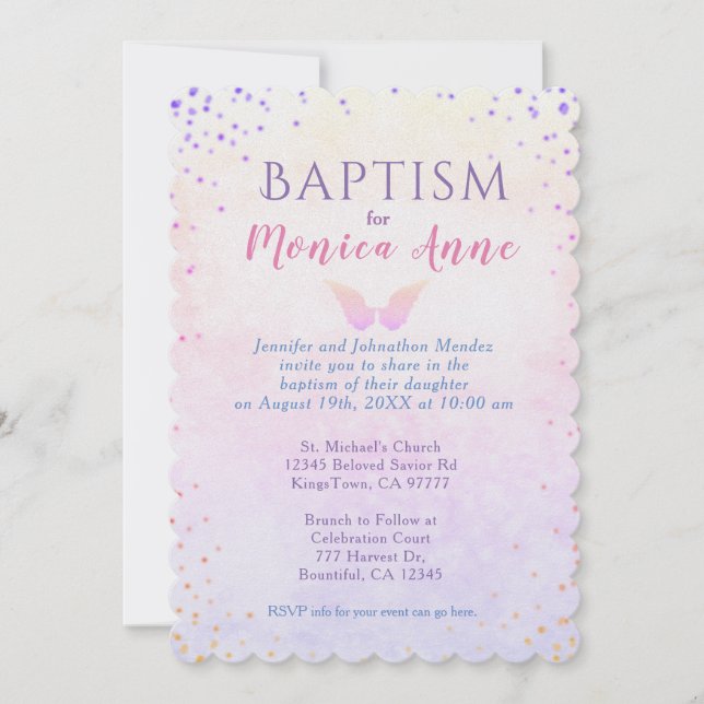 Baptism | Angel Vingar & Rainbow Confetti Inbjudningar (Framsida)