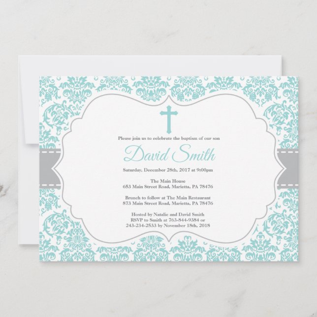 Baptism Aqua Teal Turcos och Grått Damask Inbjudningar (Framsida)