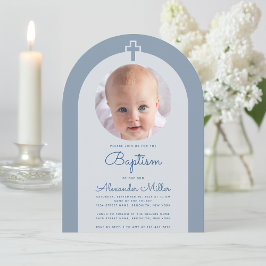 Baptism Arch Boy Photo Dusty Blue Christening Inbjudningar