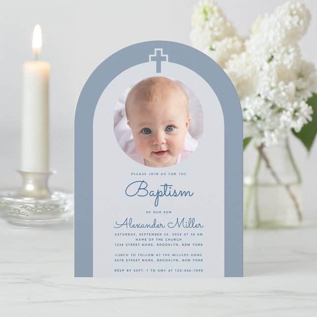 Baptism Arch Boy Photo Dusty Blue Christening Inbjudningar (Skapare uppladdad)