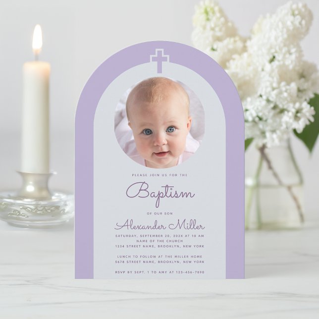 Baptism Arch Photo Lavender Lila Kor och skript Inbjudningar (Skapare uppladdad)