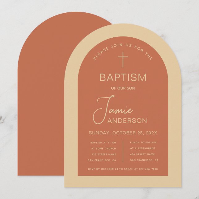 Baptism Arch Terracotta Cream Modern Handskrift Inbjudningar (Fram/baksida)