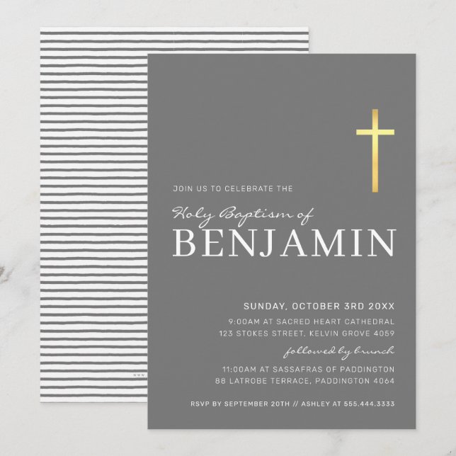 Baptism av MODERN KOR guld-folie minimal grått- vi Inbjudningar (Fram/baksida)
