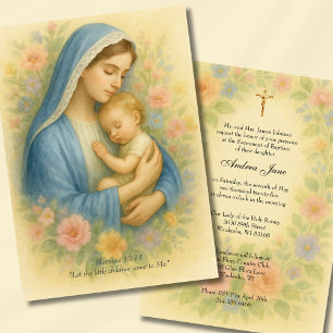 Baptism Azure Blue Mor & Child Blommigt Inbjudningar