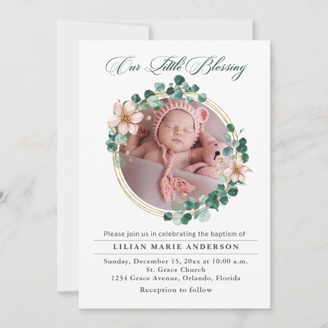 Baptism Baby Eucalyptus Poinsettia Photo Julkort (Framsida)