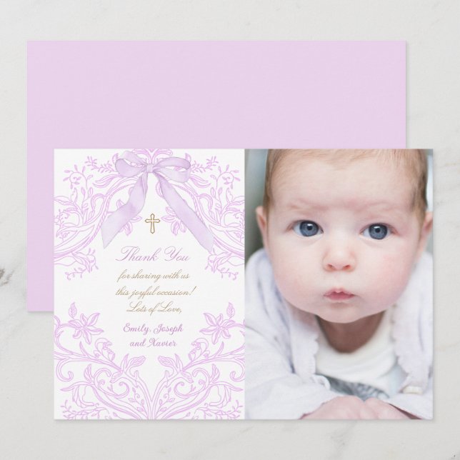 Baptism baby girl lilac design thank you card (Fram/baksida)
