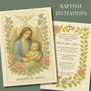 \Baptism Baby Guardian Angel Blommigt Inbjudningar