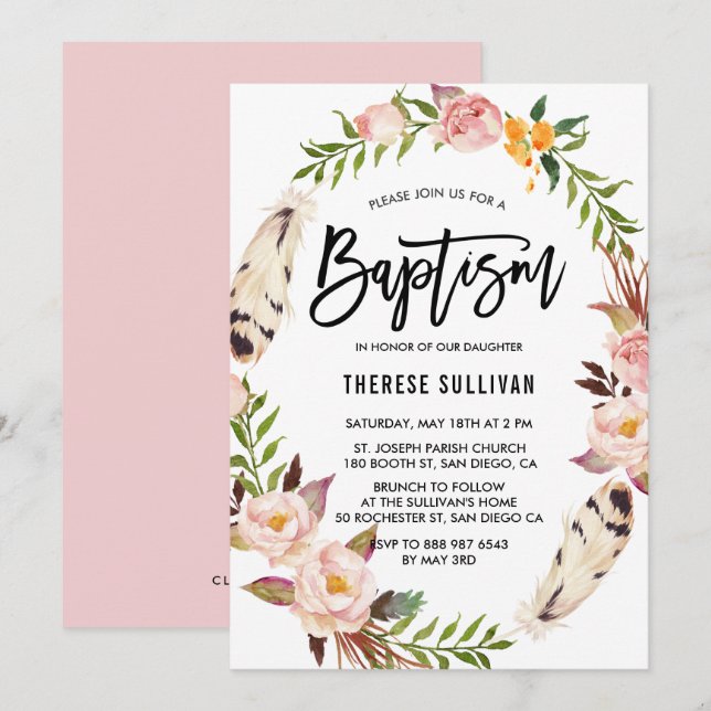 Baptism Baptism i blödningar och Blommigt Rosa av  Inbjudningar (Fram/baksida)