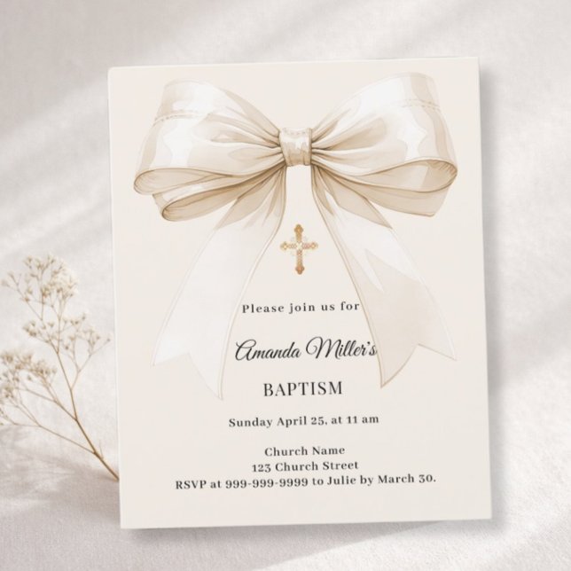 Baptism beige bow elegant invitation (Skapare uppladdad)