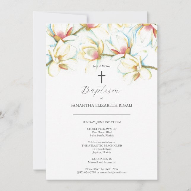 Baptism Bjuder in vattenfärgsblommor Godföräldrar Inbjudningar (Framsida)