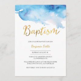Baptism| blå vattenfärg och guld inbjudningar