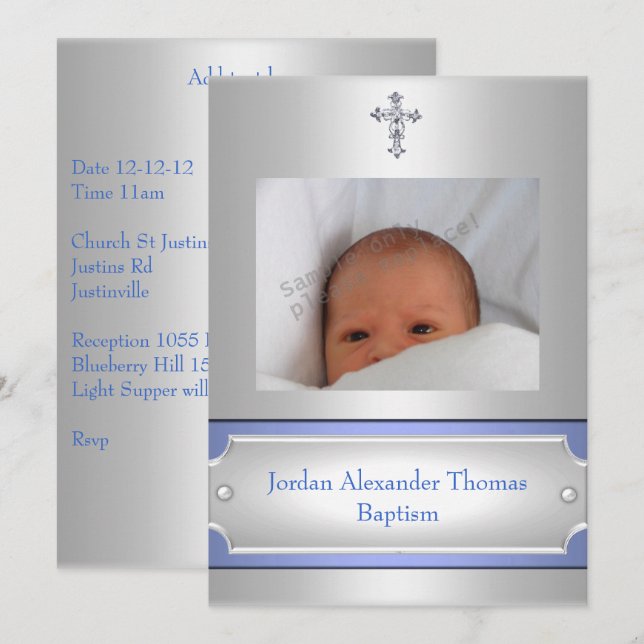 Baptism blått med metallvit foto Ram Kor Inbjudningar (Fram/baksida)