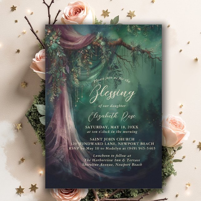 Baptism Blessing Enchanted Garden Fairytale Draped Inbjudningar (baptism invitation christening enchanted forest garden botanical greenery emerald gold floral draped)