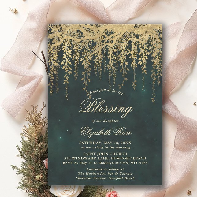 Baptism Blessing Enchanted Garden Fairytale Vines Inbjudningar (baptism invitation christening enchanted forest garden botanical greenery emerald gold vines)