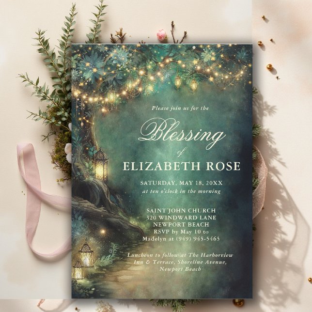 Baptism Blessing Enchanted Garden Forest Landerns Inbjudningar (baptism invitation christening enchanted forest lanterns garden botanical greenery emerald gold)