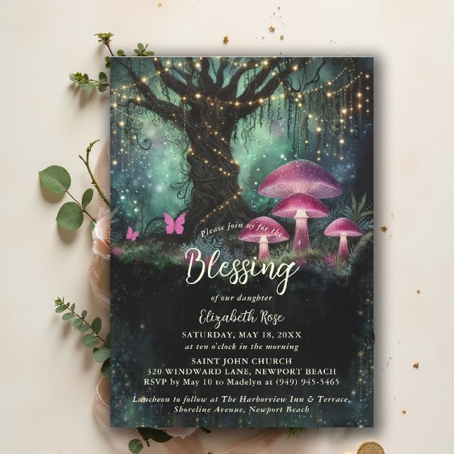 Baptism Blessing Enchanted Garden Forest Mushrooms Inbjudningar (baptism invitation christening enchanted forest garden botanical greenery mushrooms butterflies)