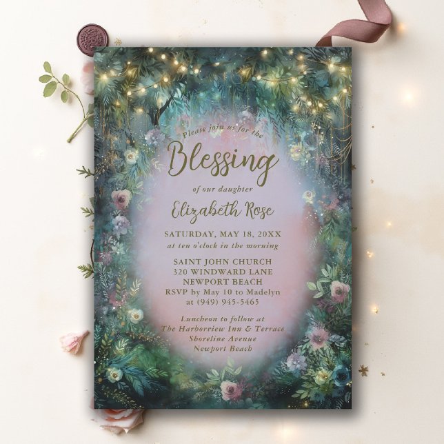 Baptism Blessing Enchanted Garden Roses Fairytale Inbjudningar (baptism invitation christening enchanted forest garden botanical greenery roses emerald gold pink)