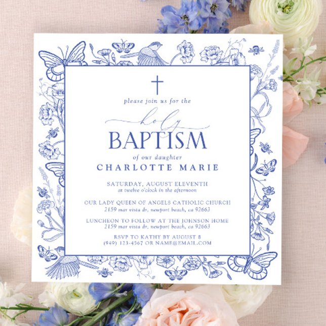 Baptism Blommigt för Heliga Blåvitt Kor Inbjudningar (Holy Baptism Invitation)