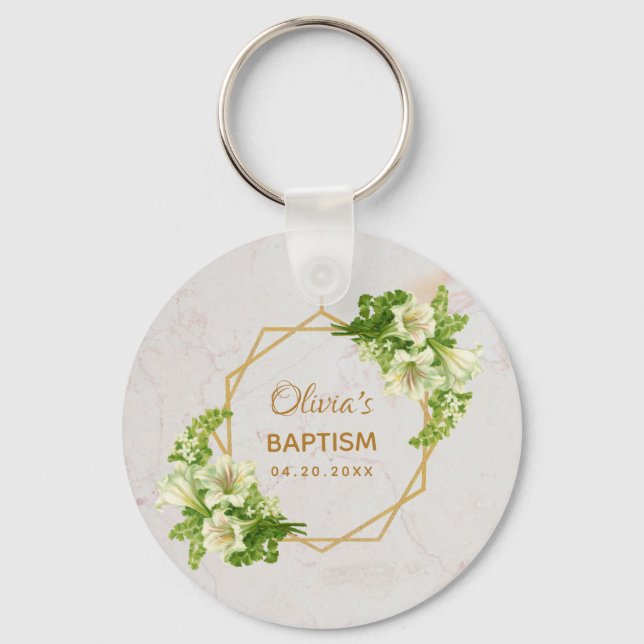 Baptism Blommigt Geometric White Lilies Guld Marbl Nyckelring (Framsida)