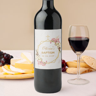 Baptism Blommigt Guld Rosa White Orchids Marble Vinflaska Etikett