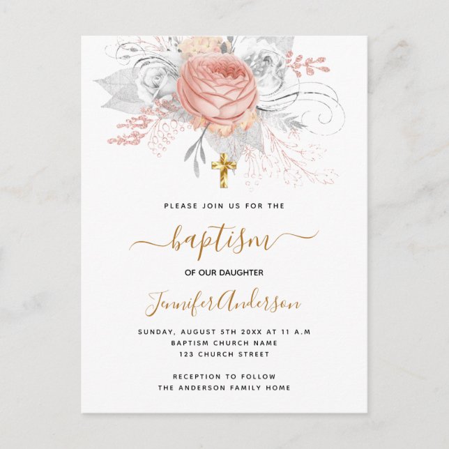 Baptism blommigt guld, vit elegant med ro inbjudan vykort (Framsida)
