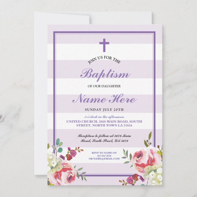 Baptism Blommigt Lila Rand Flickors inbjudan (Framsida)
