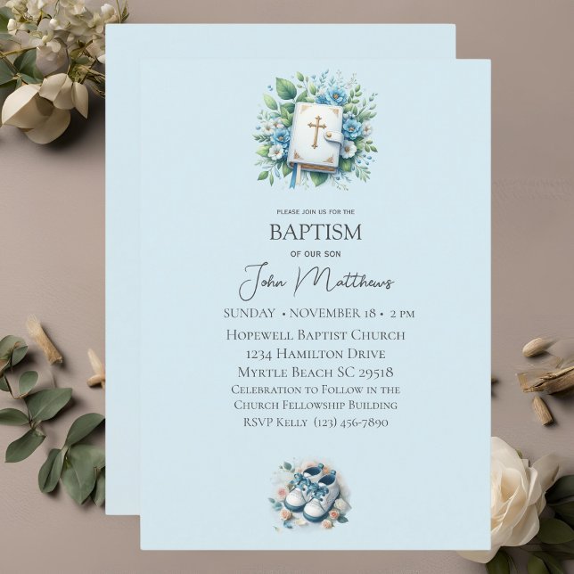 Baptism Blue Blommigt Kor och Bible Boys Inbjudningar (Skapare uppladdad)