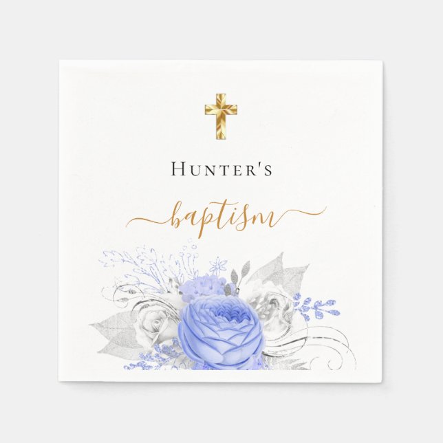Baptism Blue blommigt white elegant namn-manuspojk Pappersservett (Framsidan)