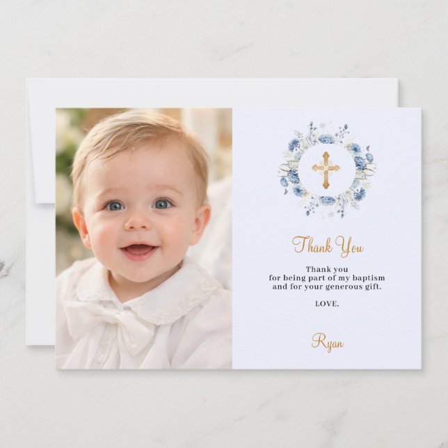 Baptism blue florals photo boy gold cross tack kort (Framsida)