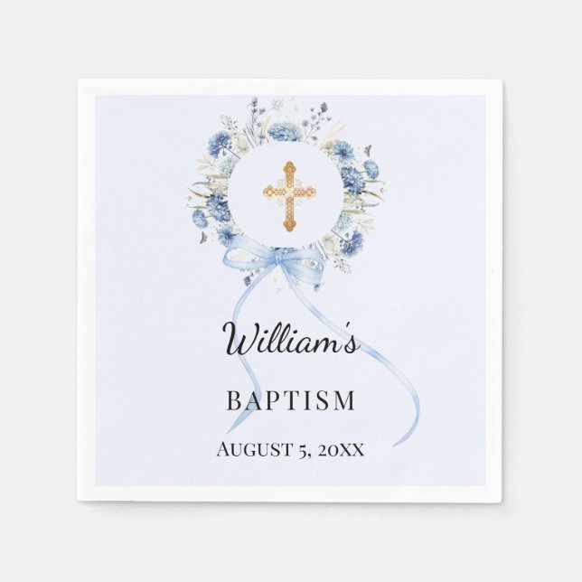 Baptism blue florals wreath boy cross pappersservett (Framsidan)