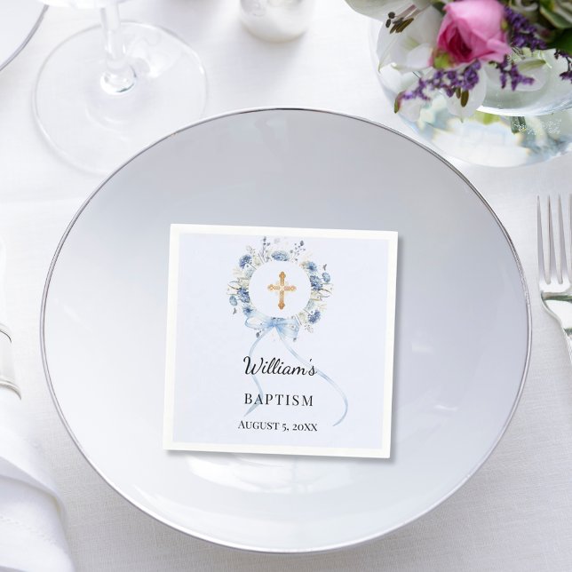 Baptism blue florals wreath boy cross pappersservett (Skapare uppladdad)