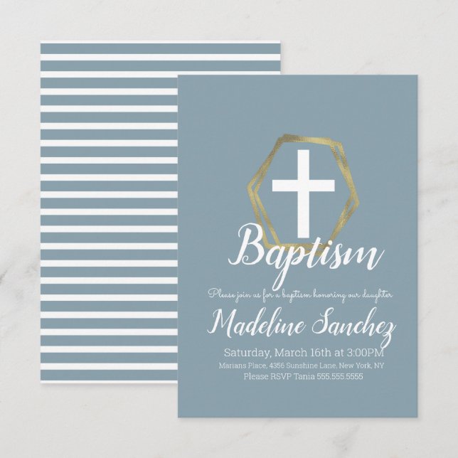 Baptism Blue Guld Dedication Christening Inbjudningar (Fram/baksida)