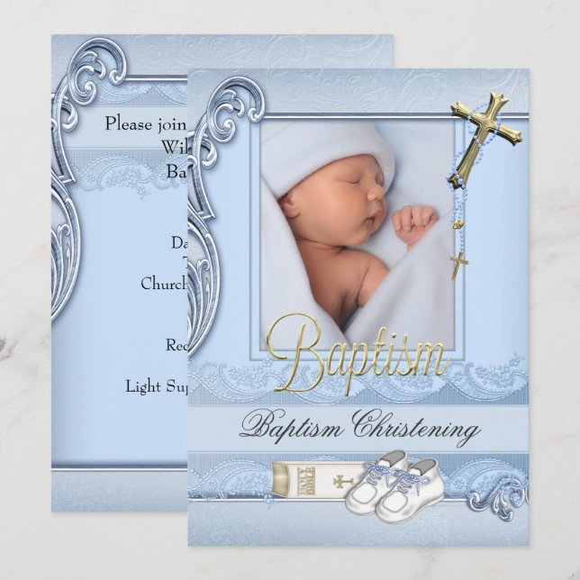 Baptism Blue Guld Kor Boy Christening 2 Inbjudningar (Fram/baksida)