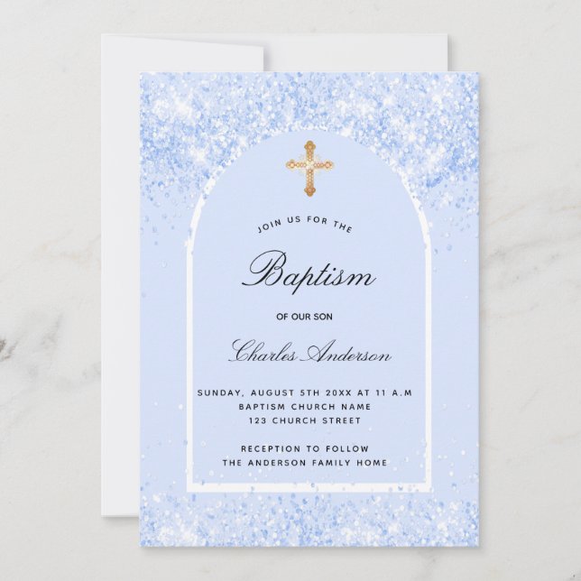 Baptism blue konetti arkech boy inbjudningar (Framsida)