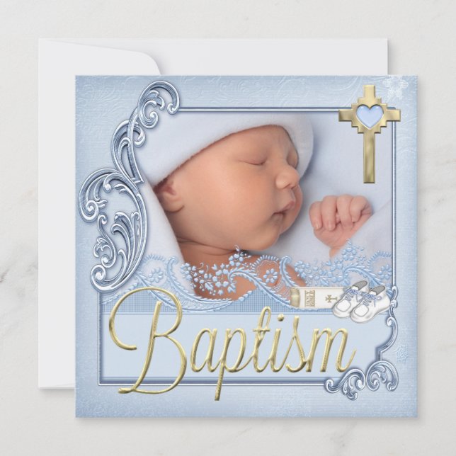 Baptism Blue Kor Boy Christening Photo Inbjudningar (Framsida)